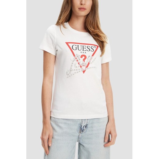 GUESS Biały damski t-shirt Pearls Love, Rozmiar XS ze sklepu outfit.pl w kategorii Bluzki damskie - zdjęcie 184734100