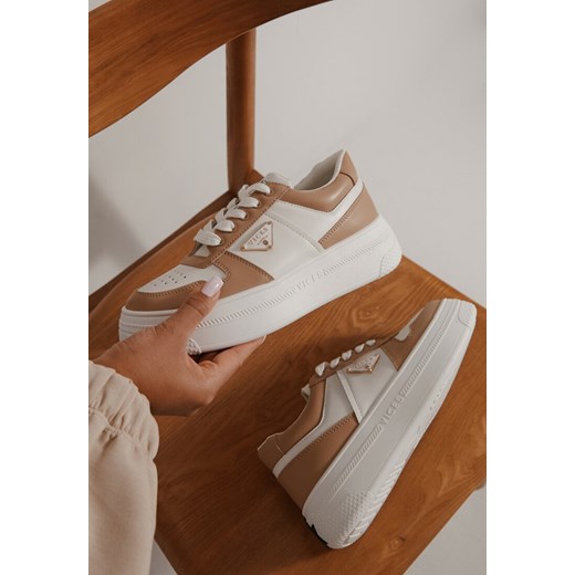 Beżowo-Białe Sneakersy Vices na Grubej Podeszwie z Geometryczną Ozdobą i Perforacją Karvesa ze sklepu born2be.pl w kategorii Buty sportowe damskie - zdjęcie 184734363