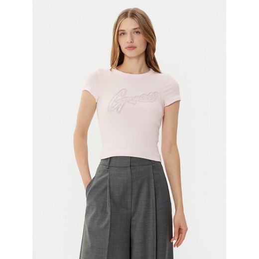 Guess T-Shirt W5RI68KA0H1 Różowy Slim Fit ze sklepu MODIVO w kategorii Bluzki damskie - zdjęcie 184740203