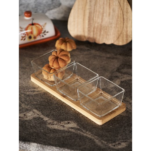 Sinsay - Bambusowa taca do serwowania z trzema miseczkami - biały Sinsay One Size Sinsay