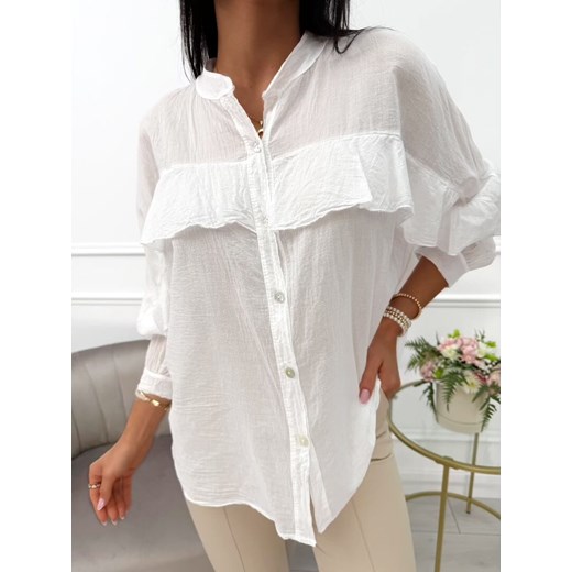 Biała Bawełniana Koszula z Falbanką Modnakiecka.pl 38 ModnaKiecka.pl