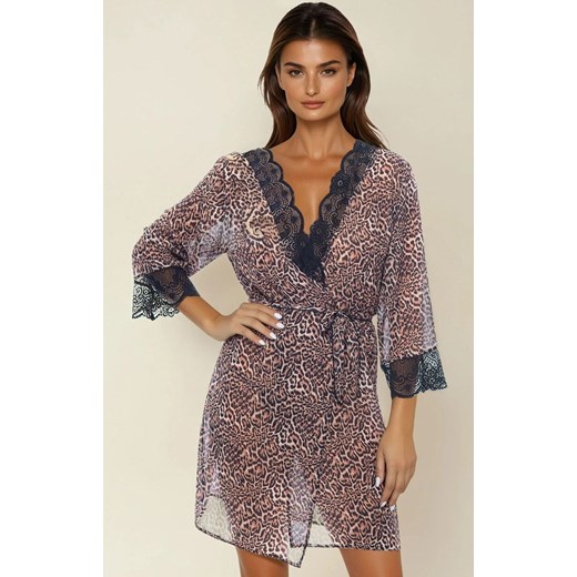 Cienki szlafrok damski szyfonowy w panterkę Yamila I, Kolor panterka, Rozmiar S, Irall ze sklepu Intymna w kategorii Szlafroki damskie - zdjęcie 184769234