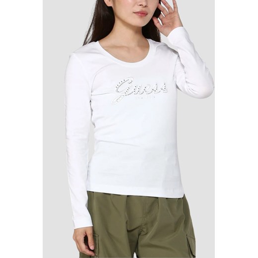 GUESS Biały damski longsleeve Embro Script, Rozmiar XS ze sklepu outfit.pl w kategorii Bluzki damskie - zdjęcie 184779794