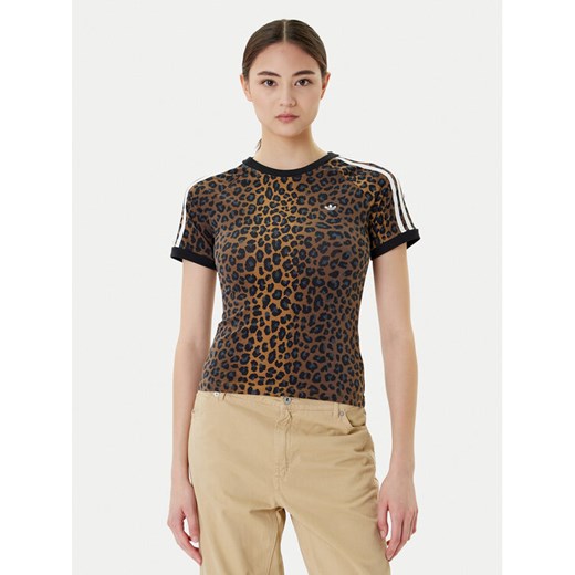 adidas T-Shirt Leopard Cali JW7304 Brązowy Slim Fit ze sklepu MODIVO w kategorii Bluzki damskie - zdjęcie 184787733