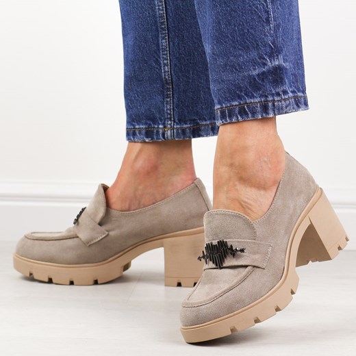 Szare mokasyny damskie na słupku M.Daszyński 23108-4 ze sklepu suzana.pl w kategorii Półbuty damskie - zdjęcie 184833353