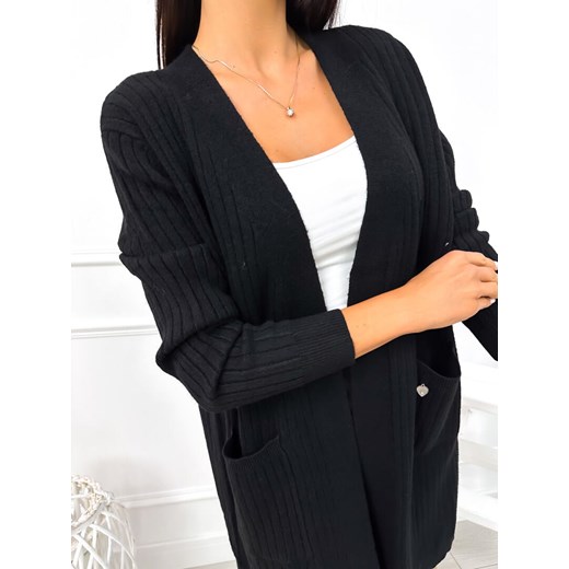 Czarny Prążkowany Kardigan z Kieszeniami Modnakiecka.pl Uniwersalny ModnaKiecka.pl