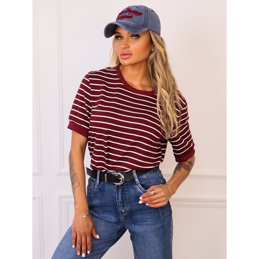 T-SHIRT OVERSIZE W PASKI- BORDOWY ze sklepu olika.com.pl w kategorii Bluzki damskie - zdjęcie 184852674