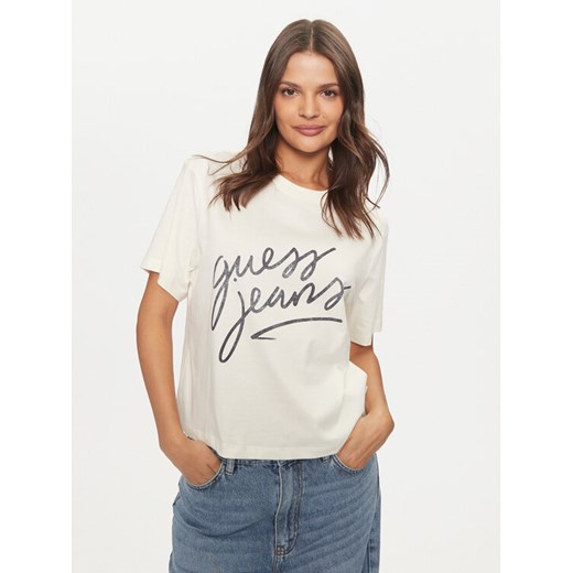 Guess Jeans T-Shirt W4BI54 K8HM0 Écru Boxy Fit ze sklepu MODIVO w kategorii Bluzki damskie - zdjęcie 184874722