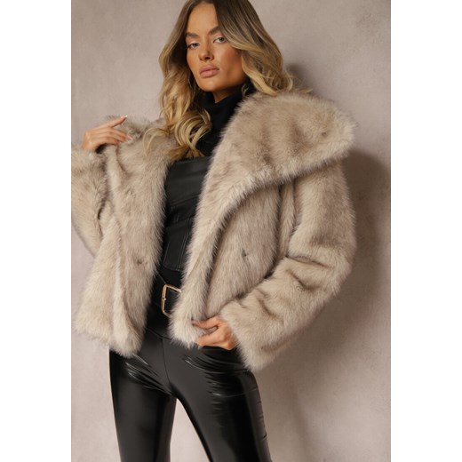 Beżowa Kurtka ze Sztucznego Futra Ozdobiona Kołnierzem Meriian ze sklepu renee.pl w kategorii Futra damskie - zdjęcie 184890942