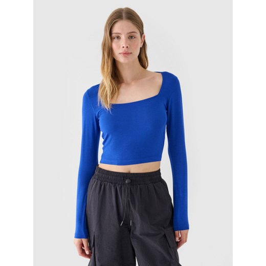 Damski longsleeve crop top 4F 4FRSS24TLONF499 - niebieski ze sklepu Sportstylestory.com w kategorii Bluzki damskie - zdjęcie 184941330