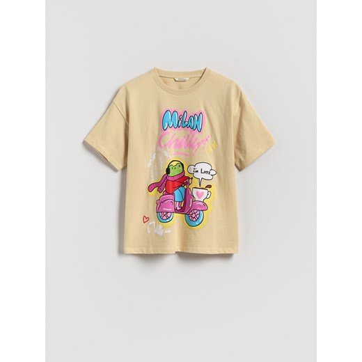 Reserved - Bawełniany t-shirt z nadrukiem - beżowy ze sklepu Reserved w kategorii Bluzki dziewczęce - zdjęcie 185017254