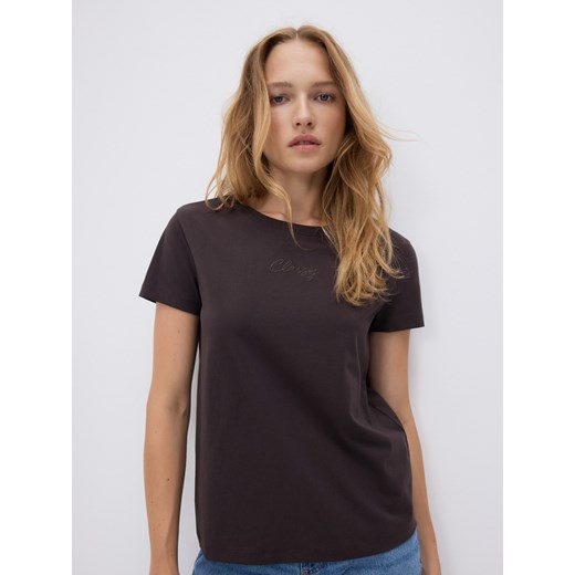 Reserved - T-shirt z drobnym haftem - ciemnobrązowy Reserved M Reserved