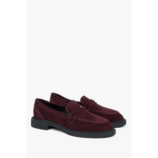 Estro: Burgundowe loafersy damskie typu Penny z włoskiego weluru naturalnego Premium ze sklepu Estro w kategorii Mokasyny damskie - zdjęcie 185038010