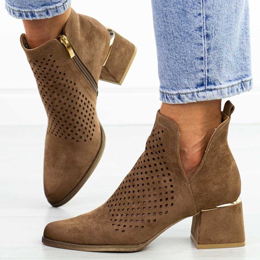 Brązowe ażurowe botki damskie na obcasie Potocki 12356 ze sklepu suzana.pl w kategorii Botki - zdjęcie 185041732