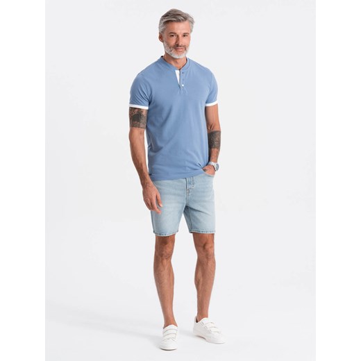 T-shirt męski polo bez kołnierzyka - niebieski V3 S1381 ze sklepu ombre w kategorii T-shirty męskie - zdjęcie 185047161