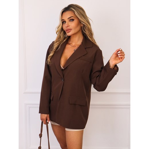 MARYNARKA OVERSIZE ZAPINANA NA GUZIKI- CIEMNY BRĄZ ze sklepu olika.com.pl w kategorii Marynarki damskie - zdjęcie 185136541