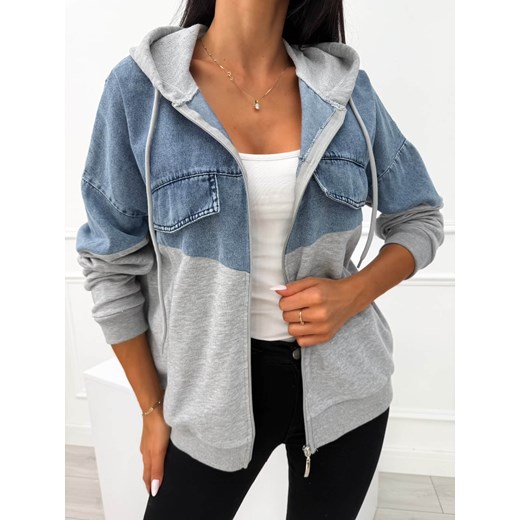 Szara Bluza z Jeansową Wstawką i Kapturem ze sklepu ModnaKiecka.pl w kategorii Bluzy damskie - zdjęcie 185366962