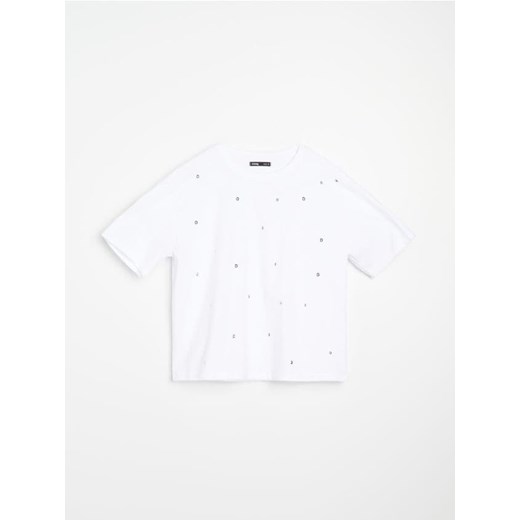 Sinsay - Koszulka z krótkim rękawem z metalowymi dżetami - biały Sinsay XS Sinsay