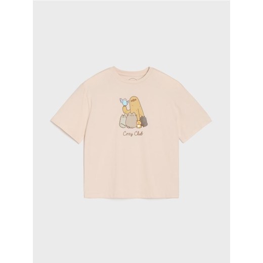 Sinsay - Bawełniana koszulka z nadrukiem Pusheen the Cat - beżowy ze sklepu Sinsay w kategorii Bluzki dziewczęce - zdjęcie 185376413