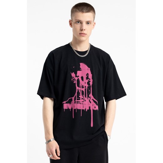 Czarny t-shirt z autorską grafiką w kontrastowym kolorze z przodu, rozmiar - 146, kolor - czarny ze sklepu REPORTER w kategorii T-shirty chłopięce - zdjęcie 185388984