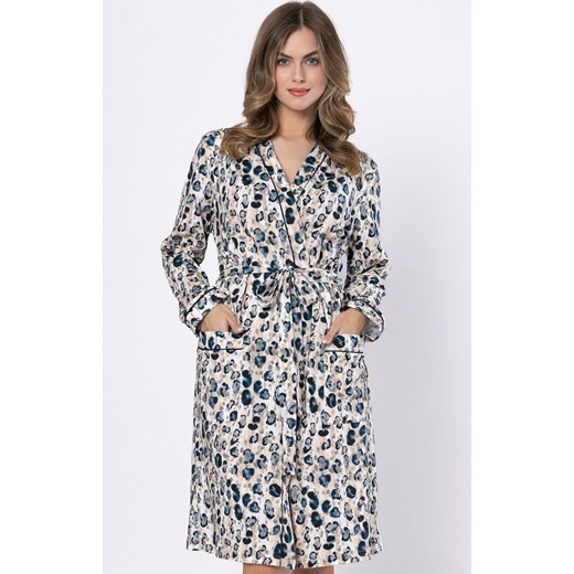 Bawełniany szlafrok damski 1676 Wirginia, Kolor beżowo-granatowy, Rozmiar M, Leveza ze sklepu Primodo w kategorii Szlafroki damskie - zdjęcie 185389803