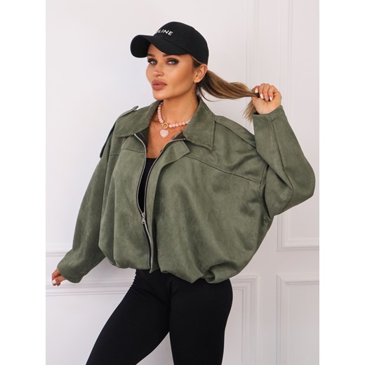 KURTKA OVERSIZE Z IMITACJI ZAMSZU ZAPINANA NA ZAMEK- KHAKI ze sklepu olika.com.pl w kategorii Kurtki damskie - zdjęcie 185407923