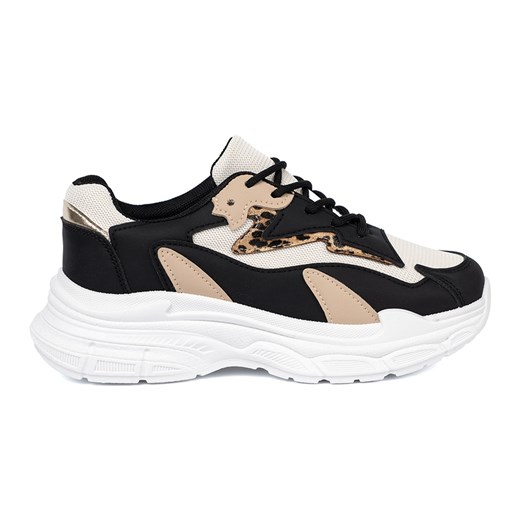 Shelvt Czarno-beżowe sneakersy damskie na grubej podeszwie czarne ze sklepu ButyModne.pl w kategorii Buty sportowe damskie - zdjęcie 185415302