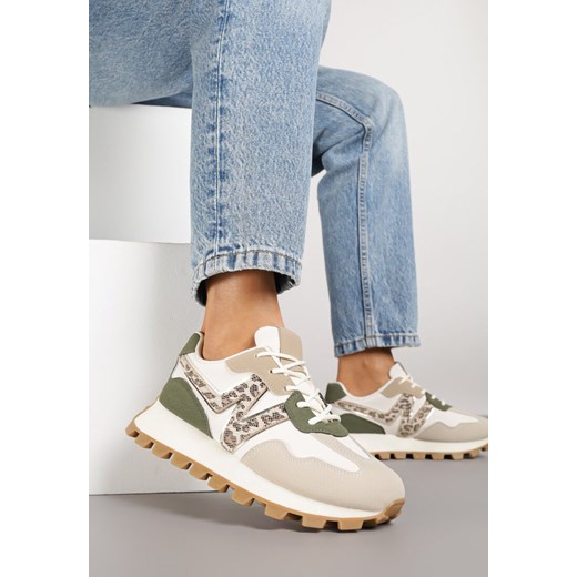 Beżowo-Zoelone Sneakersy Ozdobione Geometrycznym Motywem w Panterkę Annerie ze sklepu renee.pl w kategorii Buty sportowe damskie - zdjęcie 185420391