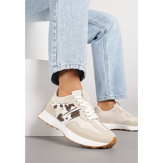 Beżowo-Brązowe Sneakersy Ozdobione Geometrycznym Motywem w Krowie Łaty Rilameia ze sklepu renee.pl w kategorii Buty sportowe damskie - zdjęcie 185420823
