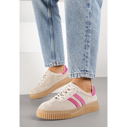 Beżowo-Fuksjowe Skórzane Sneakersy Klasyczne Tenisówki z Zamszu Naturalnego Teniresela ze sklepu born2be.pl w kategorii Buty sportowe damskie - zdjęcie 185421661
