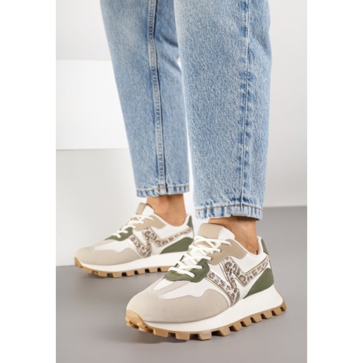 Beżowo-Zielone Sneakersy z Geometrycznym Wzorem w Panterkę Naloriene ze sklepu born2be.pl w kategorii Buty sportowe damskie - zdjęcie 185421703