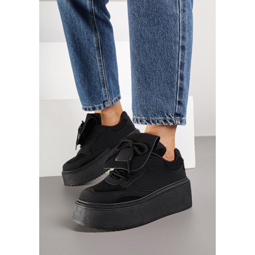 Czarne Sneakersy na Grubej Podeszwie z Wywiniętym Językiem i Kokardą Ellisare ze sklepu born2be.pl w kategorii Buty sportowe damskie - zdjęcie 185421901