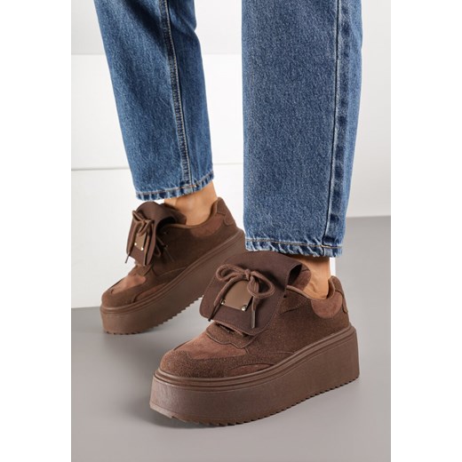 Brązowe Sneakersy na Grubej Podeszwie z Wywiniętym Językiem i Kokardą Ellisare ze sklepu born2be.pl w kategorii Buty sportowe damskie - zdjęcie 185421913