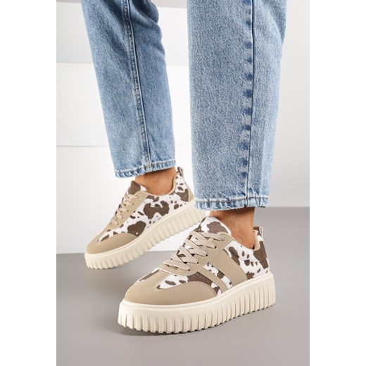 Brązowo-Białe Sneakersy ze Wzorem w Krowie Łaty na Grubej Podeszwie z Tłoczeniem Rilunessa ze sklepu born2be.pl w kategorii Buty sportowe damskie - zdjęcie 185422252