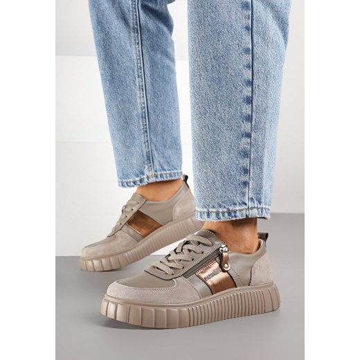 Szare Skórzane Sneakersy Zdobione Metaliczną Wstawką Cerelie ze sklepu born2be.pl w kategorii Buty sportowe damskie - zdjęcie 185422382