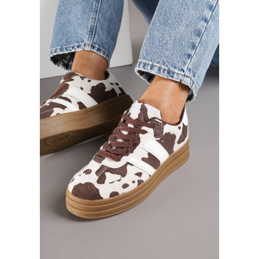 Brązowo-Białe Sneakersy w Stylu Klasycznych Tenisówek na Platformie Ozdobione Printem w Krowie Łaty Nallania ze sklepu renee.pl w kategorii Buty sportowe damskie - zdjęcie 185423780