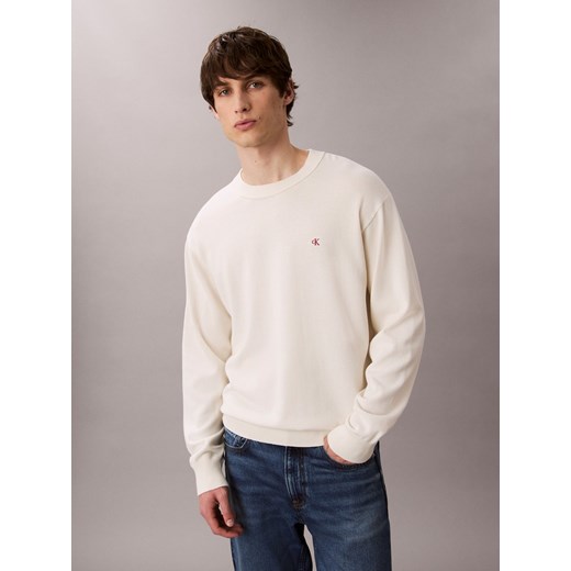 Calvin Klein Jeans Męski sweter z cienkiej dzianiny Mężczyźni Bawełna écru jednolity ze sklepu vangraaf w kategorii Swetry męskie - zdjęcie 185425602