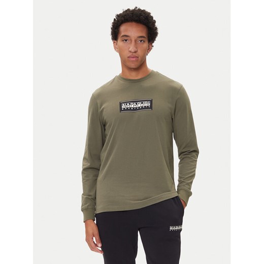 Napapijri Longsleeve S-Box Logo NP0A4I3M Khaki Regular Fit ze sklepu MODIVO w kategorii T-shirty męskie - zdjęcie 185441981