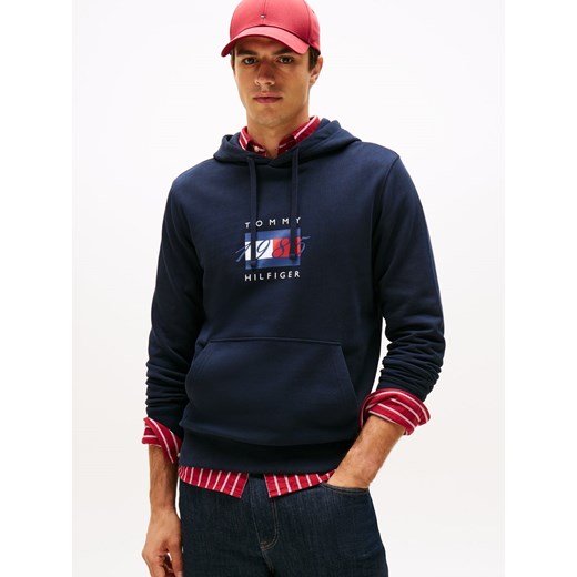 Tommy Hilfiger Męski sweter z kapturem Mężczyźni Materiał dresowy granatowy jednolity ze sklepu vangraaf w kategorii Bluzy męskie - zdjęcie 185443292