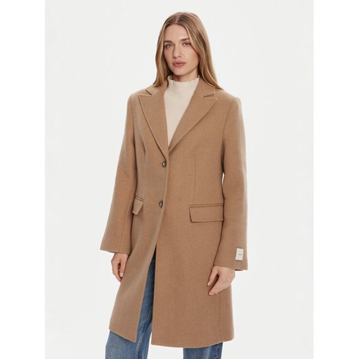 Calvin Klein Płaszcz wełniany LV044D558G Brązowy Slim Fit ze sklepu MODIVO w kategorii Płaszcze damskie - zdjęcie 185459431