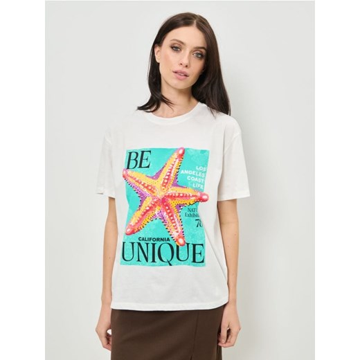 Sinsay - Bawełniana koszulka z nadrukiem - kremowy ze sklepu Sinsay w kategorii Bluzki damskie - zdjęcie 185468882
