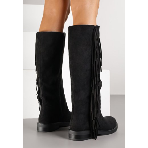 Czarne Kozaki w Stylu Boho z Imitacji Zamszu z Frędzlami Vemirina 41 born2be.pl