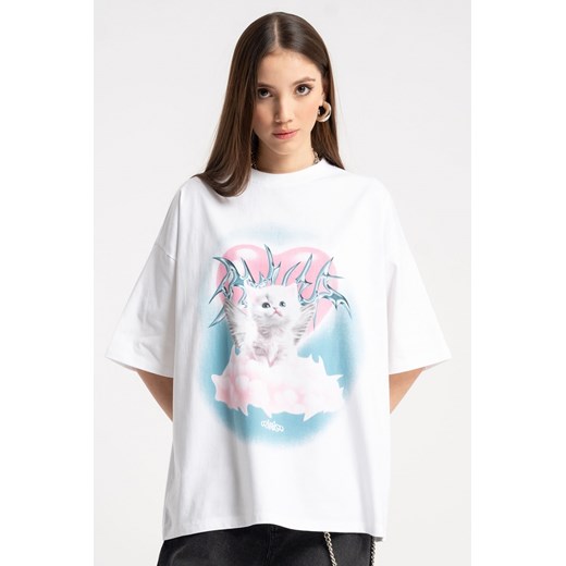 Biały t-shirt oversize z autorską grafiką z przodu, kolor - biały, rozmiar - 140 ze sklepu REPORTER w kategorii Bluzki dziewczęce - zdjęcie 185480991