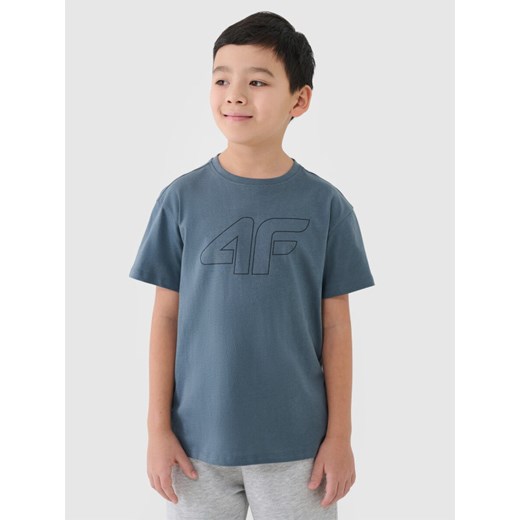 Chłopięcy t-shirt oversize z nadrukiem 4F 4FJWSS25TTSHM2325 - turkusowy ze sklepu Sportstylestory.com w kategorii T-shirty chłopięce - zdjęcie 185482703