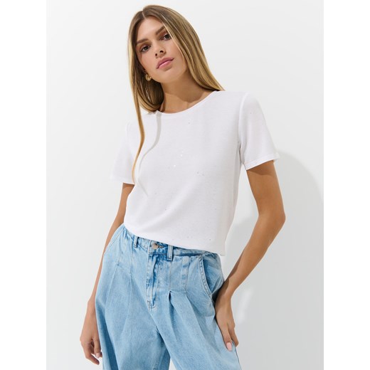 Mohito - Biały t-shirt z ozdobnymi elementami - biały ze sklepu Mohito w kategorii Bluzki damskie - zdjęcie 185491691