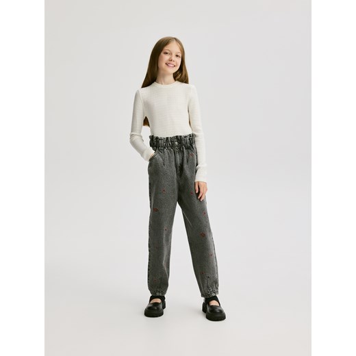 Reserved - Jeansy paperbag z haftem - szary Reserved 158 (12 lat) Reserved