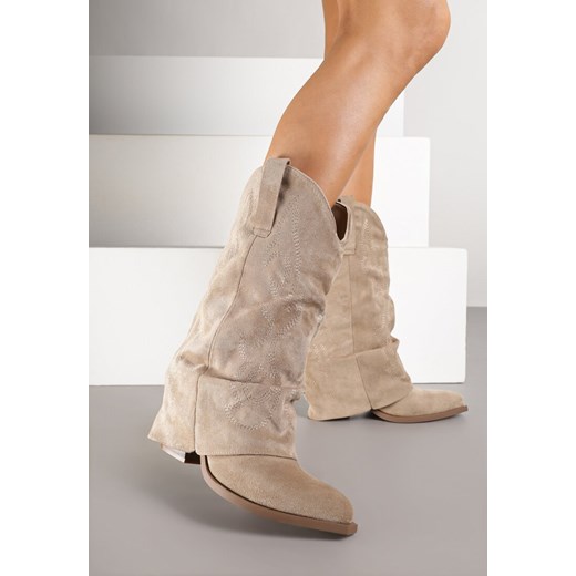 Ciemnobeżowe Botki Kowbojki z Cholewką Imitującą Nogawkę Zellaxie - id: 2501A-85-KHAKI - marki Renee - 185496414 Ciemnobeżowe Botki Kowbojki z Cholewką Imitującą Nogawkę Zellaxie ze sklepu renee.pl w kategorii Botki - zdjęcie 185496414