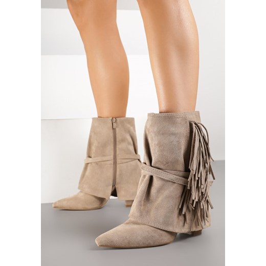 Ciemnobeżowe Botki w Stylu Boho z Wywiniętą Cholewką i Frędzlami Harile ze sklepu born2be.pl w kategorii Botki - zdjęcie 185496703