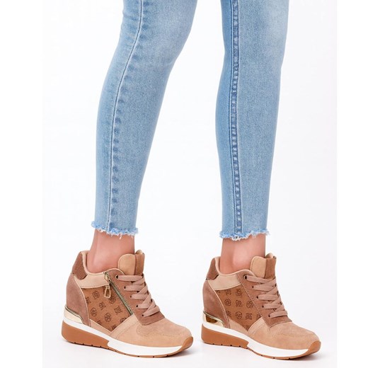 Damskie sneakersy na koturnie Khaki /G3-1 15913 D383/ ze sklepu Pantofelek24.pl w kategorii Botki - zdjęcie 185499324