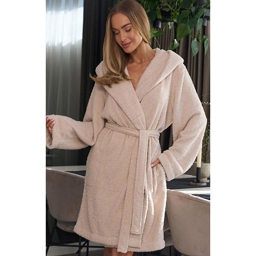 Krótki szlafrok damski z kapturem angora 2557 Slim, Kolor beżowy, Rozmiar M, L&amp;L ze sklepu Intymna w kategorii Szlafroki damskie - zdjęcie 185508832